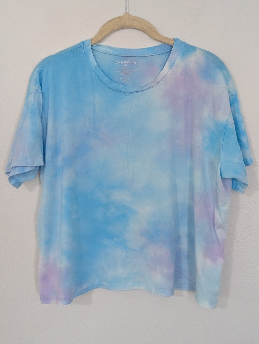 Carbon38 Tie Dye T Shirt Boxy Fit Crop Length Short Sleeve Blue Purple Medium M